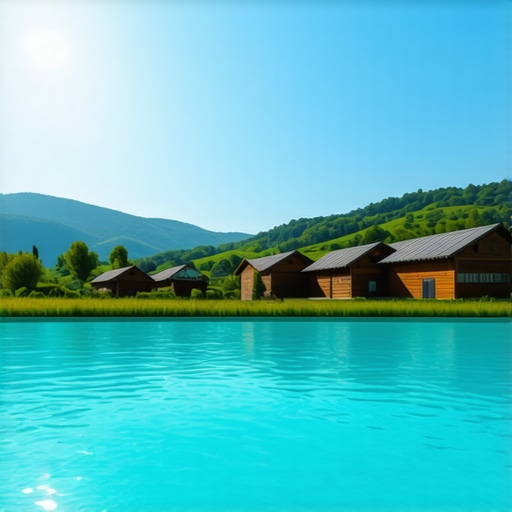 Kristalno čista voda u bazenu okruženom drvenim kućama u srpskom etno selu