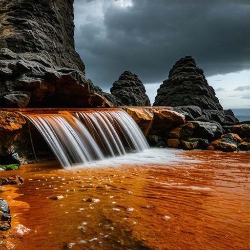Crvena mineralna voda teče kroz stene u Đavoljoj Varoši sa kamenim figurama u pozadini.