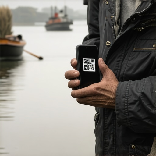 Ribolovac pokazuje digitalnu dozvolu na telefonu pored Dunava