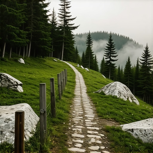 Divčibare 2026 Hidden Trails Foggy mountain trail on Divčibare with pine trees and limestone rocks.