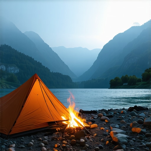 Šator na kamenitoj obali reke Drine tokom večeri