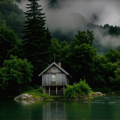 Authentic wooden cabin on the Drina river bank surrounded by forest and mist