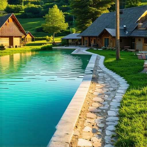 Bazen u etno selu okružen prirodom i drvenim kućicama