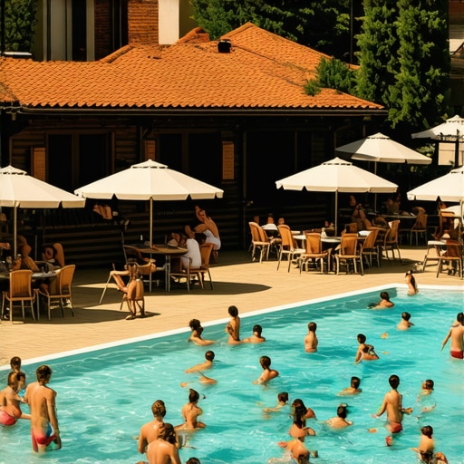 Bazen u etno selu sa ljudima i drvenim kućama u pozadini