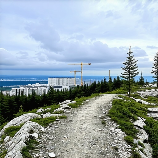 Hiking trail Kopaonik 2026 landscapes Rugged hiking trail on Kopaonik mountain showing granite rocks and spruce forest with construction in the distance.