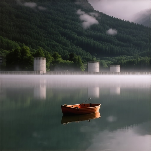 Pogled na akumulaciju Rovni kod Valjeva sa ribolovcem u čamcu tokom maglovitog jutra.