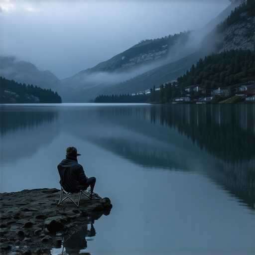 Ribolovac na obali jezera Rovni u rano jutro