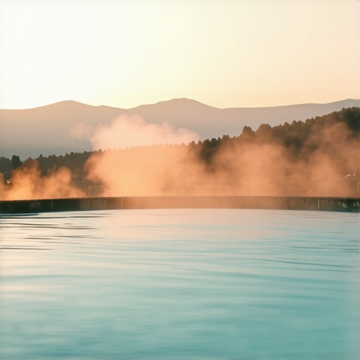 Termalni bazen na otvorenom u jutarnjim časovima sa maglom i planinama u pozadini