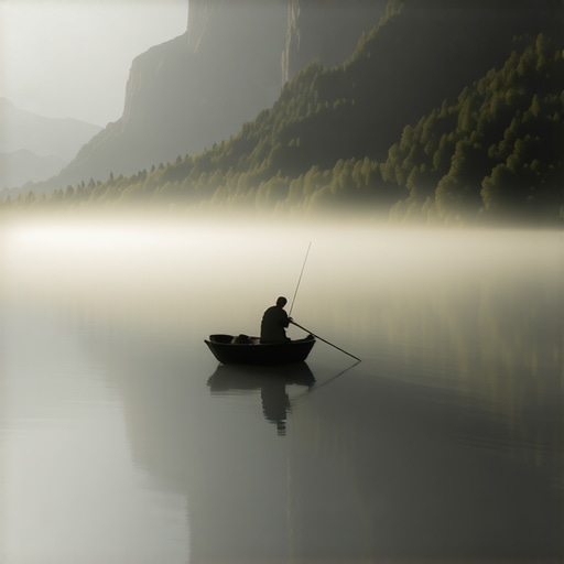 Ribolovac na jezeru Rovni u zoru sa maglom i planinama