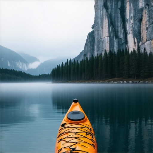 Kajak na mirnoj vodi Bovanskog jezera sa maglom i liticama u pozadini