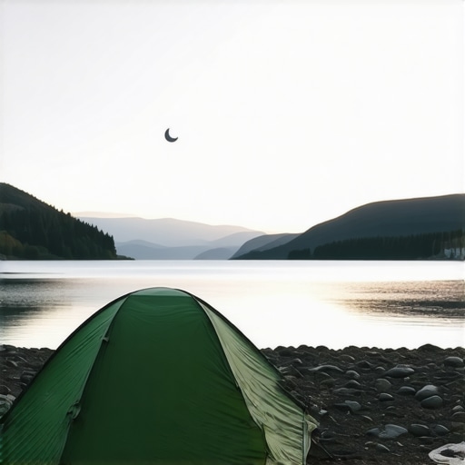 Šator postavljen na kamenitoj obali Bovanskog jezera tokom sumraka