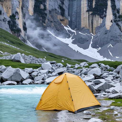 Šator postavljen pored tirkizne planinske reke u podnožju Alpa u rano jutro
