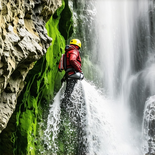 Čovek se spušta niz vodopad u uskom kanjonu sa profesionalnom opremom