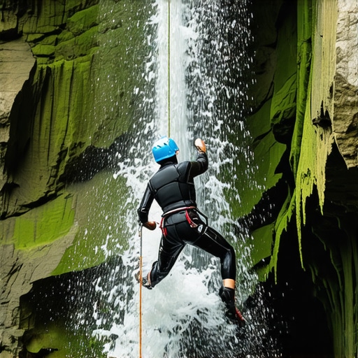 Osoba se spušta niz vodopad u kanjonu sa profesionalnom opremom
