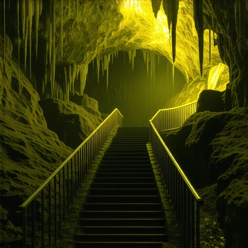 Unutrašnjost Resavske pećine sa klizavim stepenicama i pećinskim nakitom pod prigušenim svetlom.