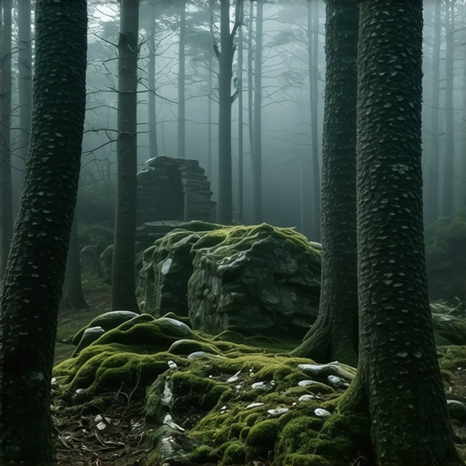 Deep beech forest on Kosmaj mountain with ruins of Kasteljan monastery in the distance.