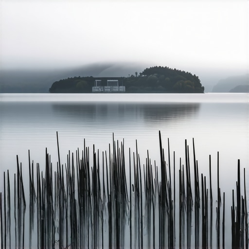Lake Rovni rocky shoreline and submerged trees at dawn