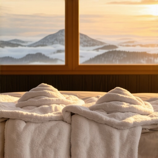 Dva bela bade mantila na krevetu u luksuznom hotelu sa pogledom na planinu