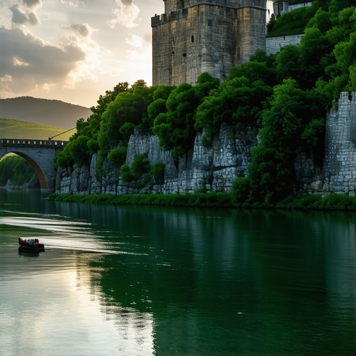 Ancient Maglič fortress on a hill in Serbia with no bridge and a small boat in the Ibar river below