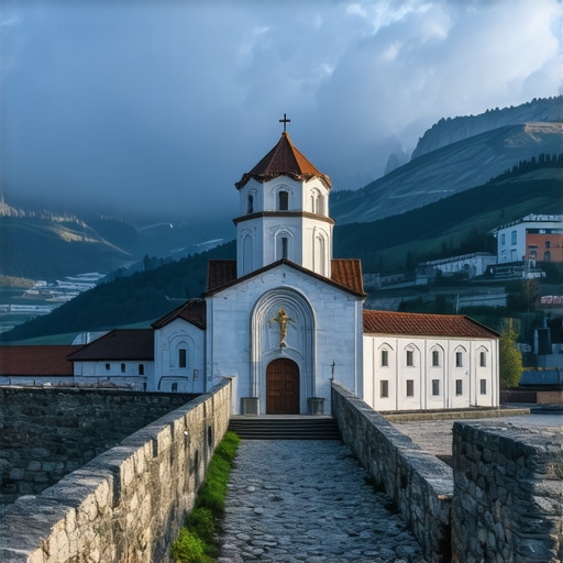 Pogled na belu mermernu crkvu manastira Studenica okruženu planinama pod maglom