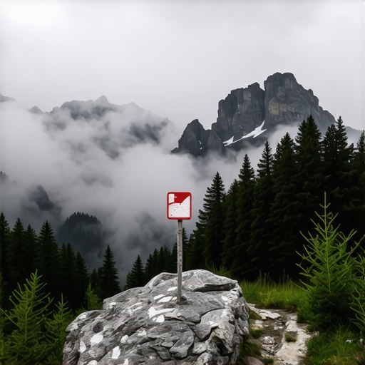 A weathered mountain trail on Stara Planina with a fading red marker and thick fog