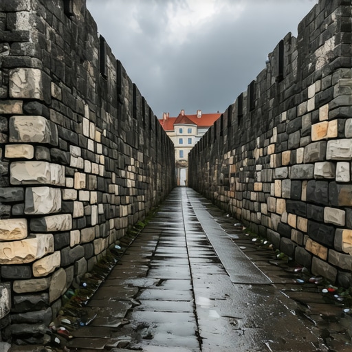 Kameni zidovi Niške tvrđave pod sivim nebom i mokre staze