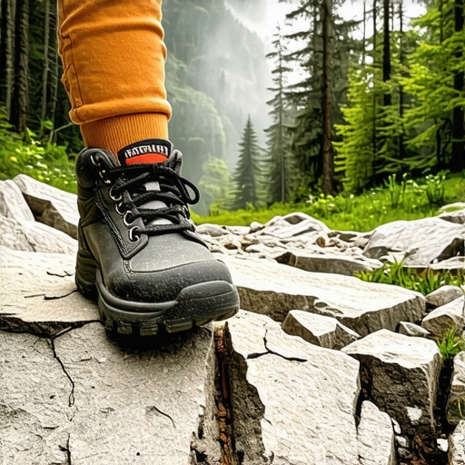 Dečija planinarska cipela na nestabilnom kamenju u šumi