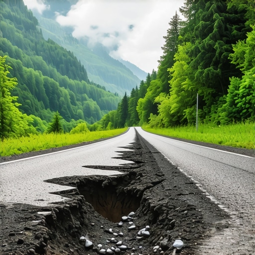 Put pun rupa i oštećenja koji vodi ka Petrovom selu u Srbiji, okružen šumom.