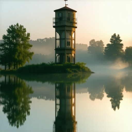 Palićki vodotoranj i jezero pod maglom u rano jutro