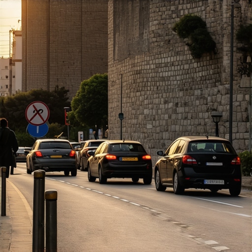 Cars parked near Niš Fortress with city traffic and historic walls