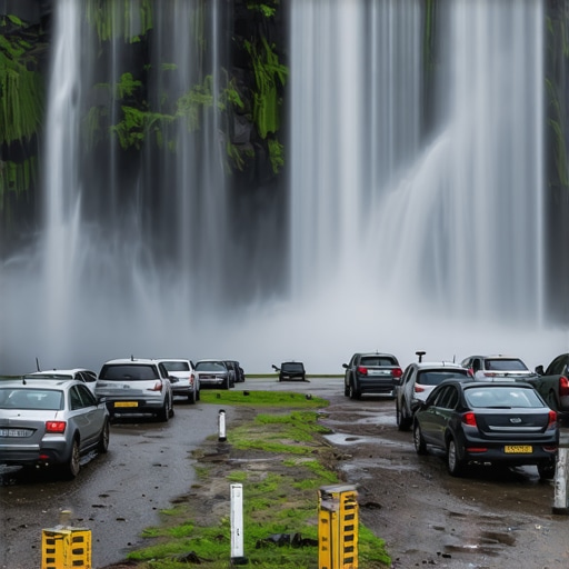 Automobili parkirani na neuređenom parkingu pored vodopada Bigar u blatu i na šljunku.