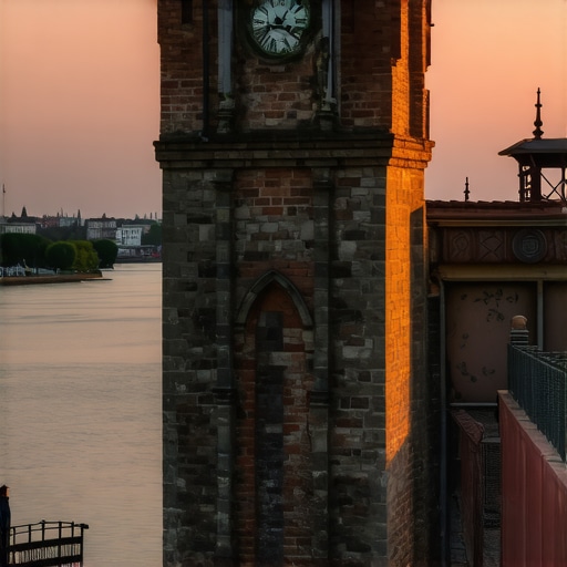The iconic drunk clock tower on Petrovaradin fortress overlooking the Danube and Novi Sad.