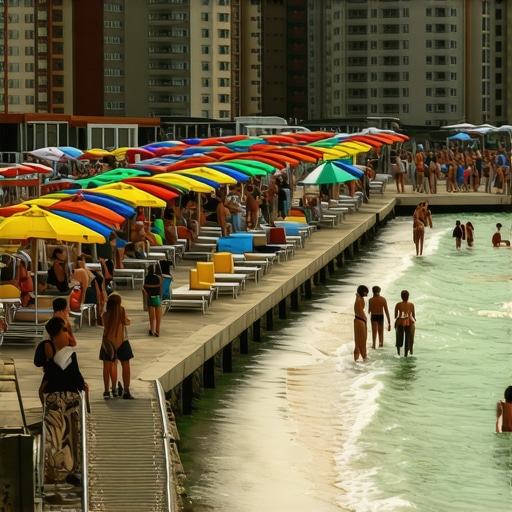 Prepuna plaža na Srebrnom jezeru sa ležaljkama i mutnom vodom u sumrak
