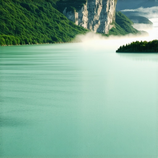 Panoramski pogled na jezero Rovni sa litice Velika stena u zoru sa maglom