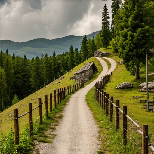 Strmi planinski put ka planini Vlašić u Bosni sa borovom šumom i starim ogradama
