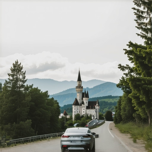 Putovanje kroz Bavarsku 2026 kolima Automobil na putu kroz bavarske Alpe sa dvorcem u pozadini