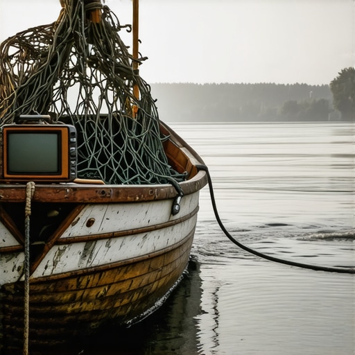 Ribolov na Dunavu 2026 - Digitalizacija i tradicija Stari drveni čamac na zamagljenom Dunavu sa ribolovačkom opremom i digitalnim uređajem