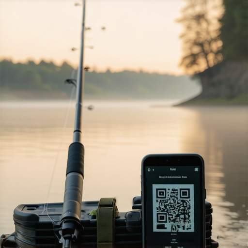 Ribolovačka oprema i e-dozvola 2026 Digitalna ribolovačka dozvola na telefonu pored štapa na obali reke