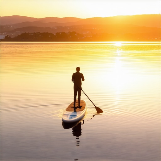 SUP avantura na Srebrnom jezeru u sumrak Čovek vesla na SUP dasci na Srebrnom jezeru tokom zalaska sunca