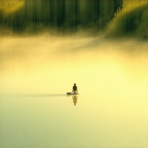 SUP daska na Srebrnom jezeru u zoru Osoba vesla na SUP dasci kroz trsku na Srebrnom jezeru