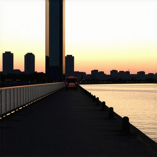 Sunset at Sava Promenade Belgrade with glass buildings and river