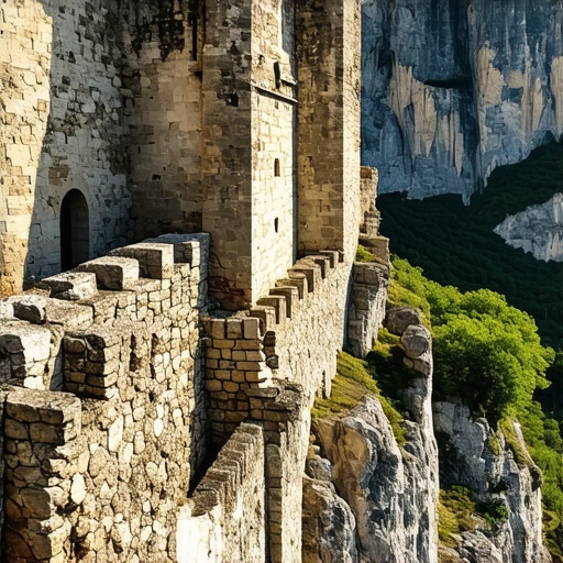 Medieval ruins of Soko Grad perched on a white limestone cliff in Serbia under a summer sun