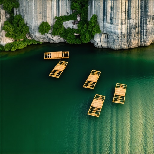 Drveni splavovi kućice na smaragdno zelenom jezeru Perućac podno planine Tare