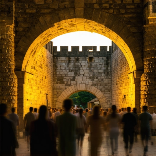 Glavni ulaz u Nišku tvrđavu Stambol kapija u sumrak sa turistima