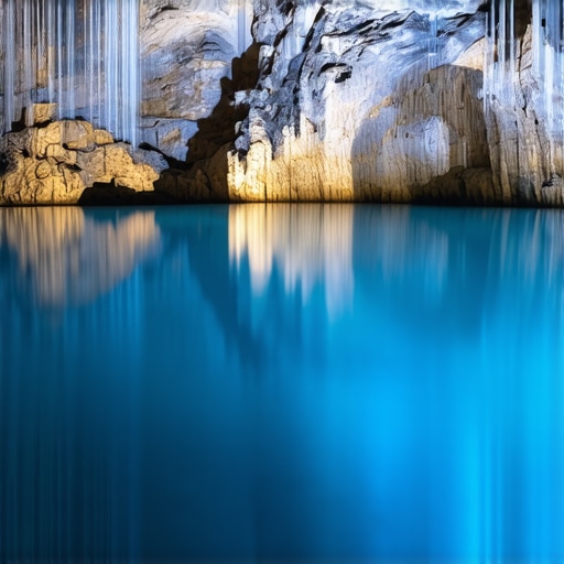 Unutrašnjost Stopićeve pećine sa osvetljenim bigrenim kadama i vlažnim stenama