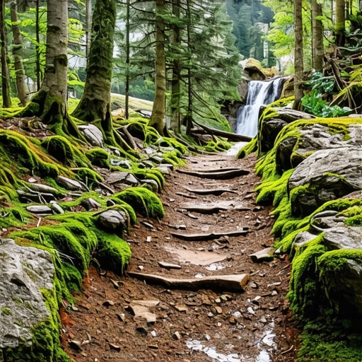 Strma i blatnjava staza ka izvoru Lisine Detaljan prikaz strme šumske staze prekrivene blatom i mahovinom kod vodopada Lisine u Srbiji