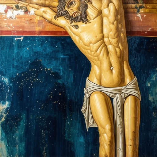 Freska Raspeće Hristovo u manastiru Studenica sa karakterističnom plavom pozadinom