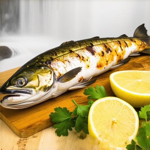 Porcija pečene pastrmke na drvenom tanjiru ispred vodopada Veliki Buk