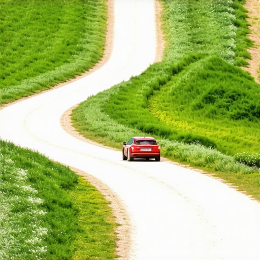 Put od tucanika kroz zelena brda Deliblatske pescare sa parkiranim malim automobilom