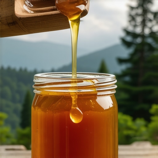 Gusti tamni šumski med kaplje sa drvene kašike u teglu na pijaci